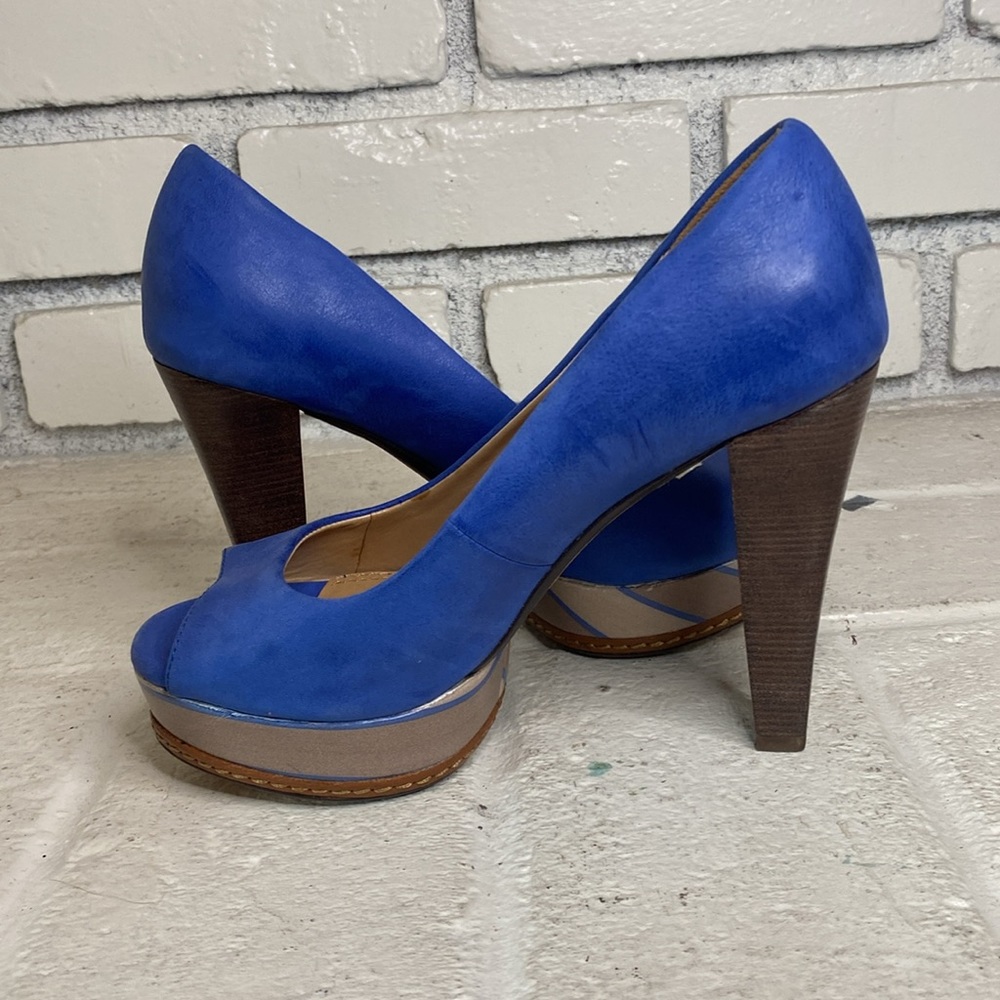 Ella Moss designer blue beige and brown high heel stiletto peep toe - Picture 5 of 6